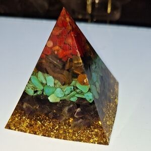 Organite Multicolor Gemstone Pyramid Decorative Sculpture - Home Art